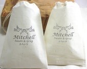 50 Custom Wedding Favor Bags - Cute Lovebirds, Bride and Groom Names and Date - Organic Muslin Cotton - 4x6 - You choose ink color