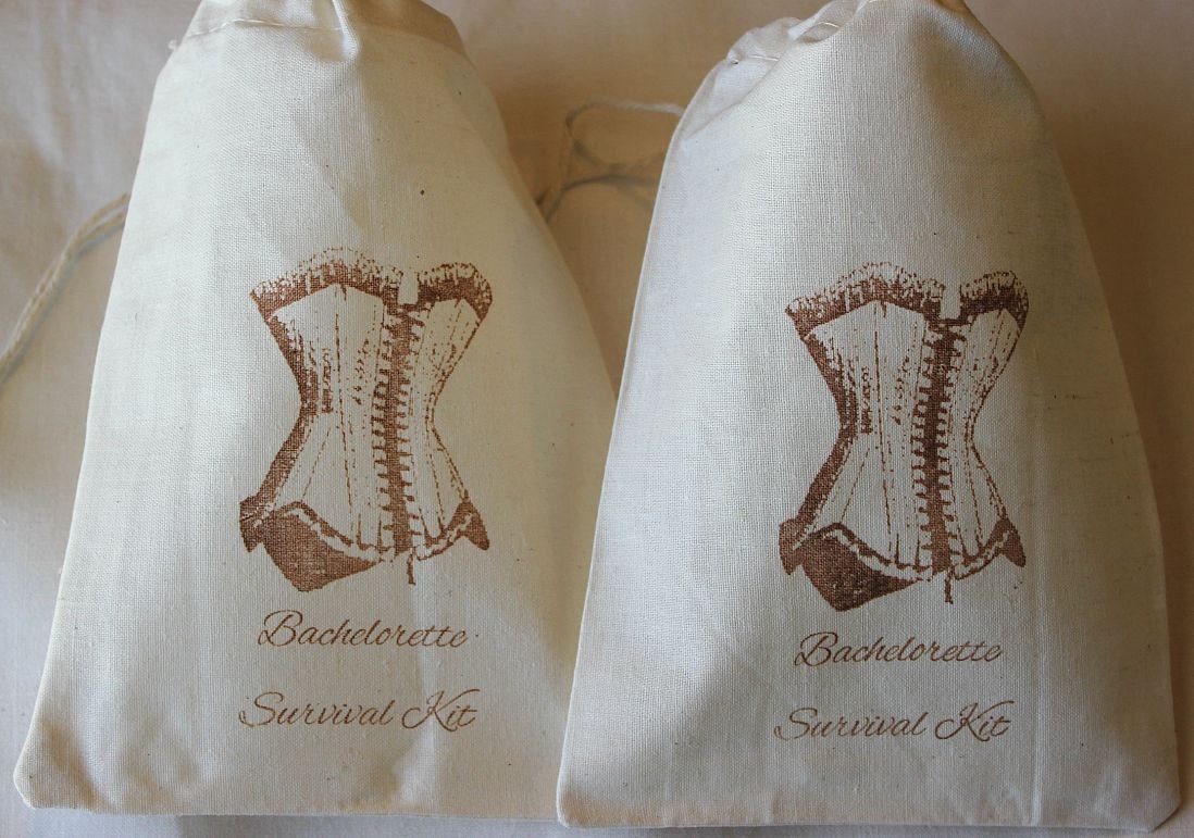 12 Vintage Corset / Bachelorette Survival Kit - Organic Cotton Drawstring Favor Bags - Great for Bachelorette 5x7 inch Il_170x135