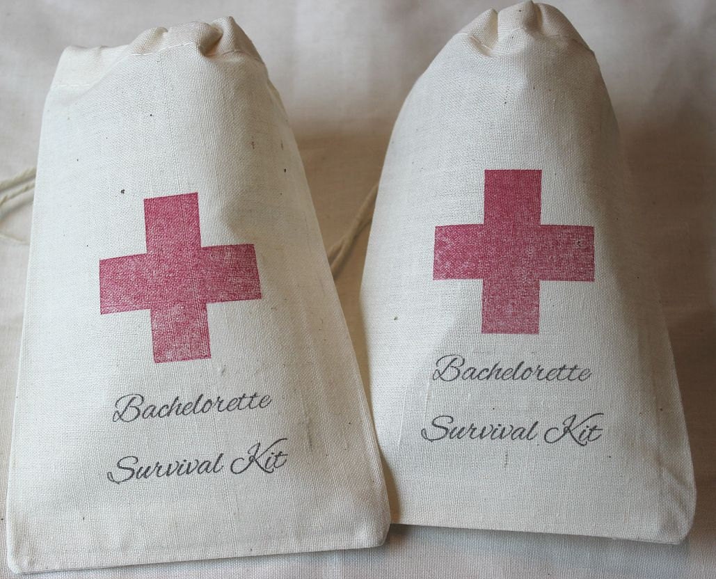 15 Bachelorette Survival Kit / Red Cross - Organic Cotton Drawstring Bags - Great for Bachelorette 4x6 inch