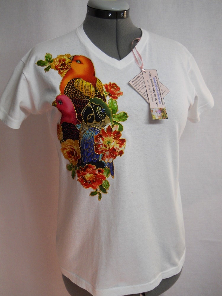 Women's Tee Shirt Custom Hand Painted Exotic Birds Floral  Fabric Applique Design