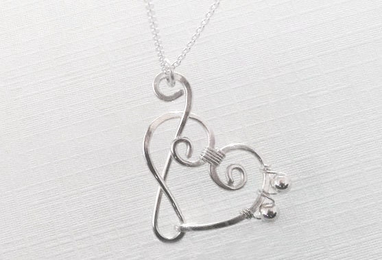 Sterling Silver Treble Clef and Bass Clef Heart Pendant Necklace