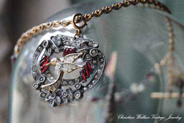 HUMMINGBIRD HOMAGE--Vintage Assemblage Rhinestone Watch Chain Garnet Mother of Pearl Charm NECKLACE