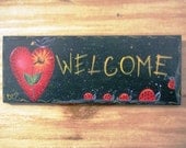 Welcome Wooden Sign Hand Painted Prim Heart Strawflower Country Garden Personalized Tole Folk Art Outdoor Home Decor Wall Hanging