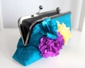 Peacock Blue Wedding Clutch with Bright Violet Phlox, Aquamarine and Sunshine Yellow Peonies- Ready to Ship