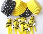 Bumble Bee Cupcake Kit. Set of 24 Picks, 48 Liners. Birthday Party, Baby Shower, Picnic, Cupcake Liners Toppers Picks