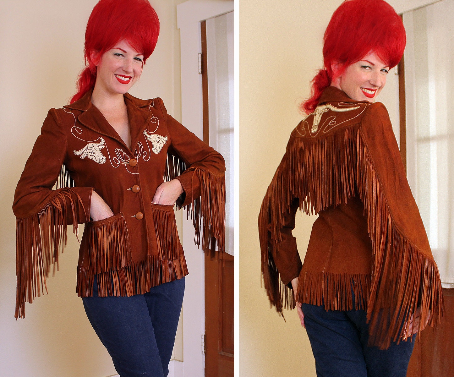 THE BEST 1950's Buttery Soft Brown Suede Calf Skin Hourglass Western Jacket w Hanging Fringe & Chain Stitch Embroidered Longhorn Steer Heads