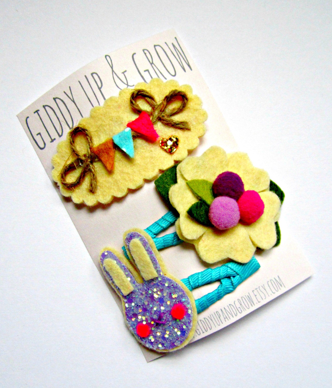 Felt Hair Clips - Giddy Up and Grow hair clips, Bunny, Bunting, Flower