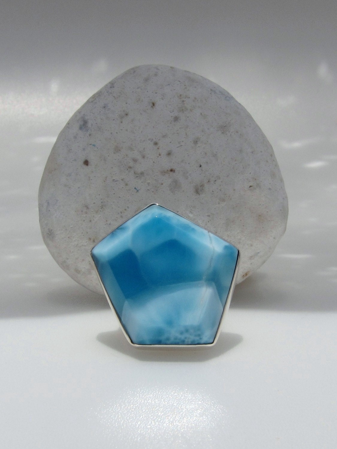 Larimar cocktail ring, Mermaid Pentagram - fabulous sky blue faceted AAA Larimar stone - US 7.25