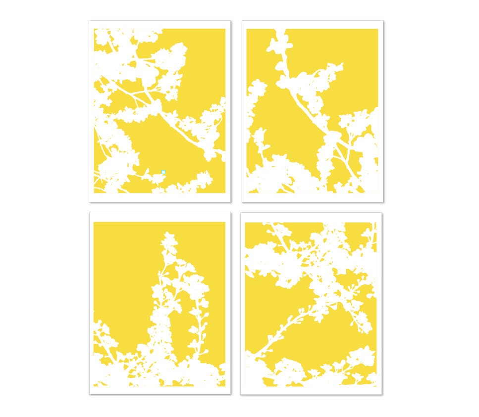 Yellow Spring Cherry Blossoms Digital Print Set of Four Wall Art Modern Home Decor - Yellow Lemon Zest