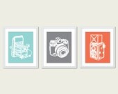 Vintage Cameras Print Set - Modern Retro Home Decor - Photographer- Mint Grey Coral - Wall Art - Spring Summer 2013