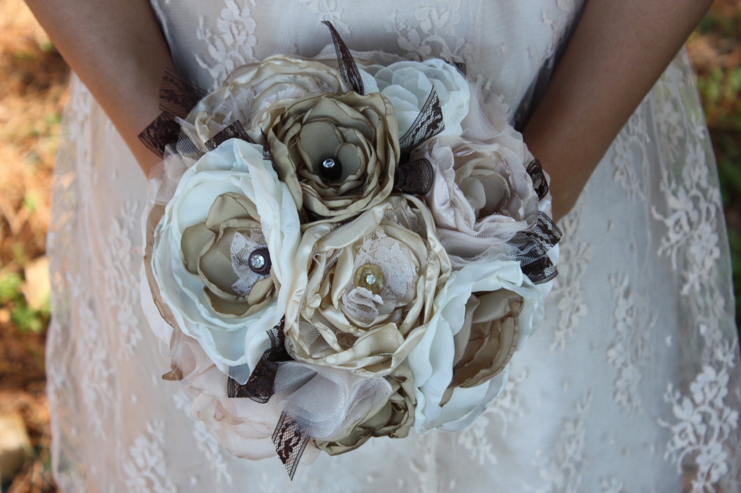 Wedding Organza Bridal Bouqet in Champagne, Taupe, Ivory and Chocolate Brown with Vintage Rhinestones
