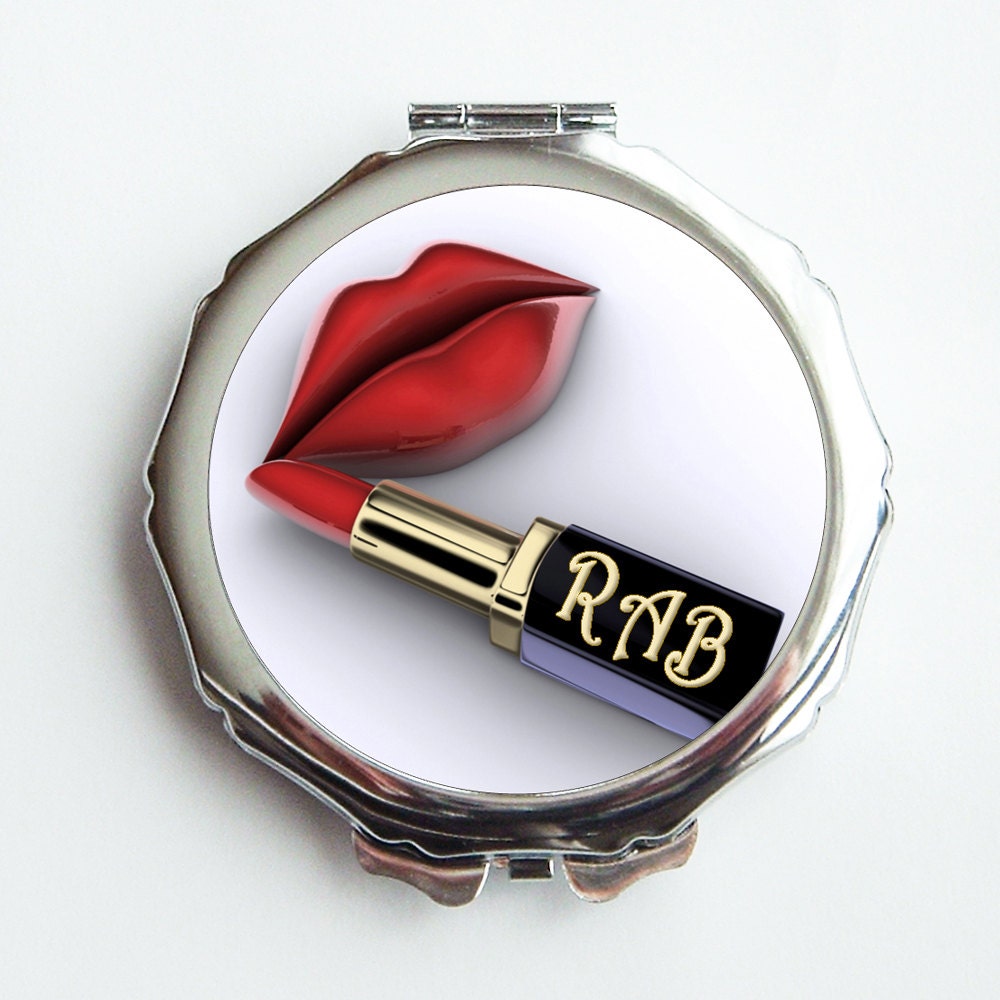 Mirrored Compact - Red lips and lipstick - Plain or Personalized - Fun and flirty