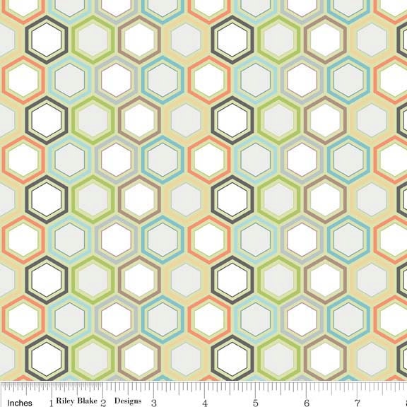Green and Orange Geometric Hexie Fabric, Life in the Jungle from Doohikey Designs for Riley Blake, Hexie Print in Green, 1 yard