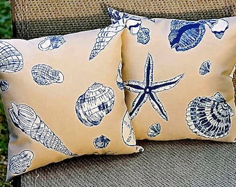Beach Cottage Decor - Shell Pillows - Navy and Beige