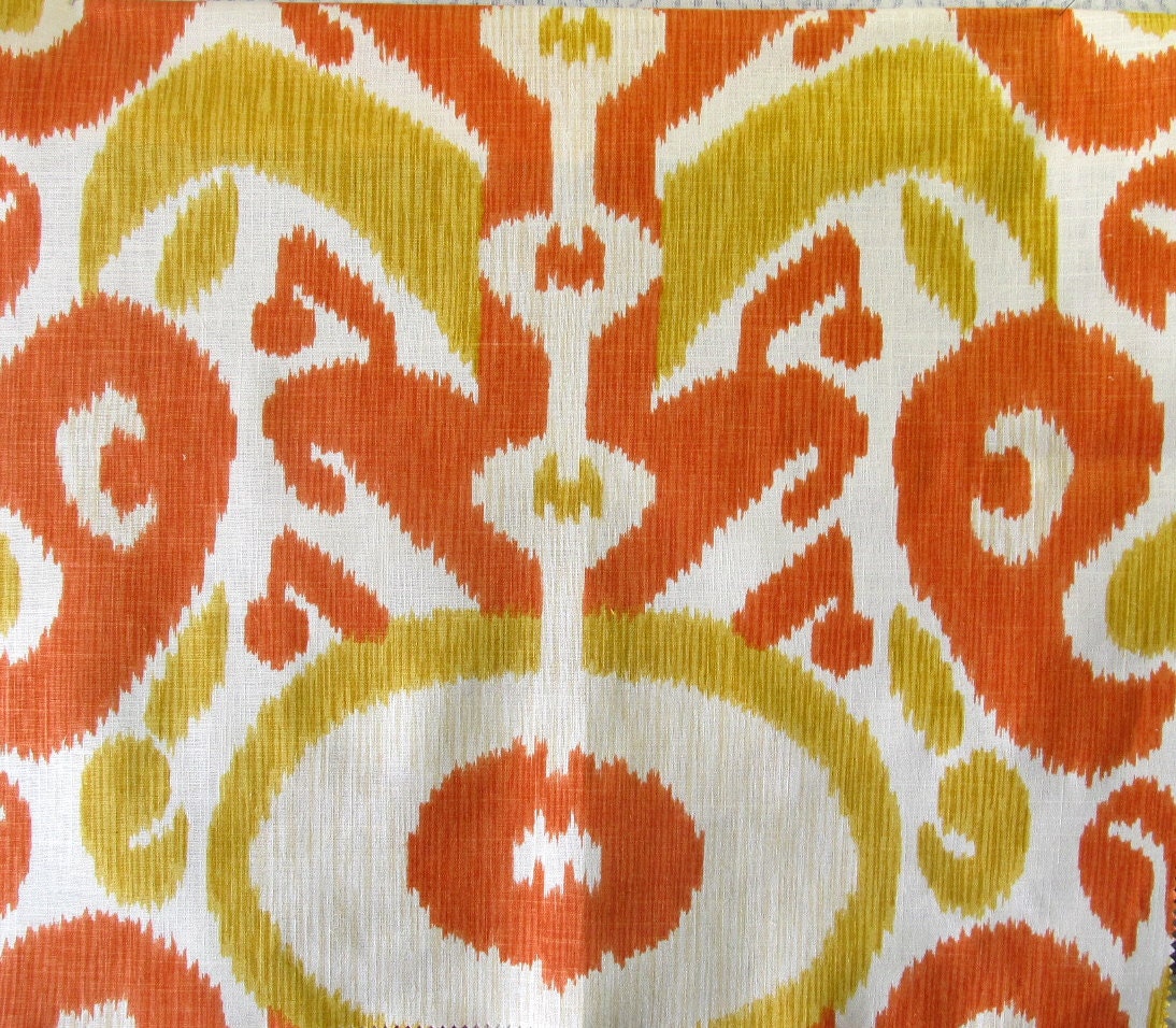 IKAT in fresh stylish colors of tangerine/golden rod on off white geometric on linen