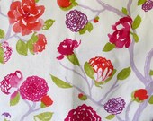 SUMMER BLOOMS in fresh stylish colors of  Fuscia/Lime Green/Lavender/red orange on white linen