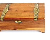 Vintage Wood Cigar Jewelry Box - Retro Trinket Ditty Box Brass Detailing / Wooden Treasure Chest