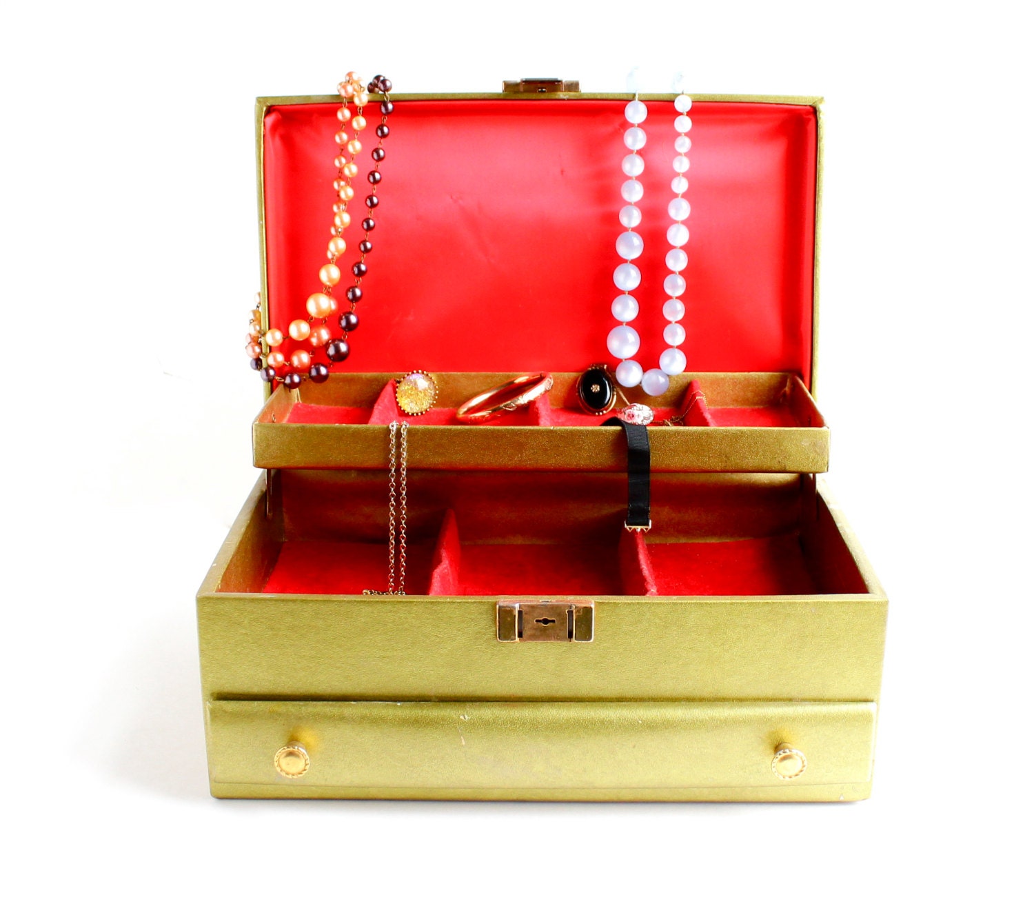 Vintage Red Velvet and Satin Lined Jewelry Box - Mid Century 1950s Dark Golden Organizer / Lady Buxton Treasure Chest