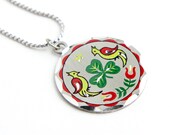 Vintage Hex Sign Necklace - 1970s Silver Tone Pewter Shamrock Costume Jewelry / Dutch Irish Goodluck Distelfink