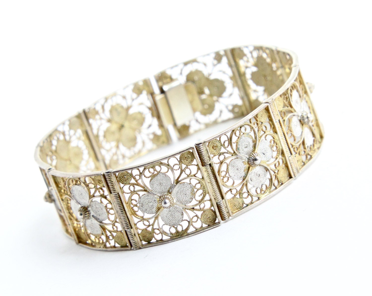 Antique Floral Filigree Bracelet - Vintage Late Victorian Early Edwardian Early 1900s Art Deco / Gold Wash Over 800 Silver