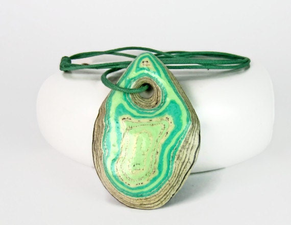 Turquoise Statement Necklace - Pendant made of Book Pages and emerald papers