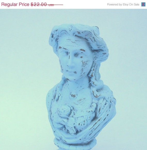 Clearance - 50% off Antique Cast Iron Bust - Victorian Lady - painted baby blue - upcycled shabby cottage chic - rustic bungalow cabin - ar
