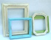 Open Gallery Frame Set - 4 frames painted in aqua, apple green, antique white - upcycled shabby cottage chic - rustic cabin - Paris apt