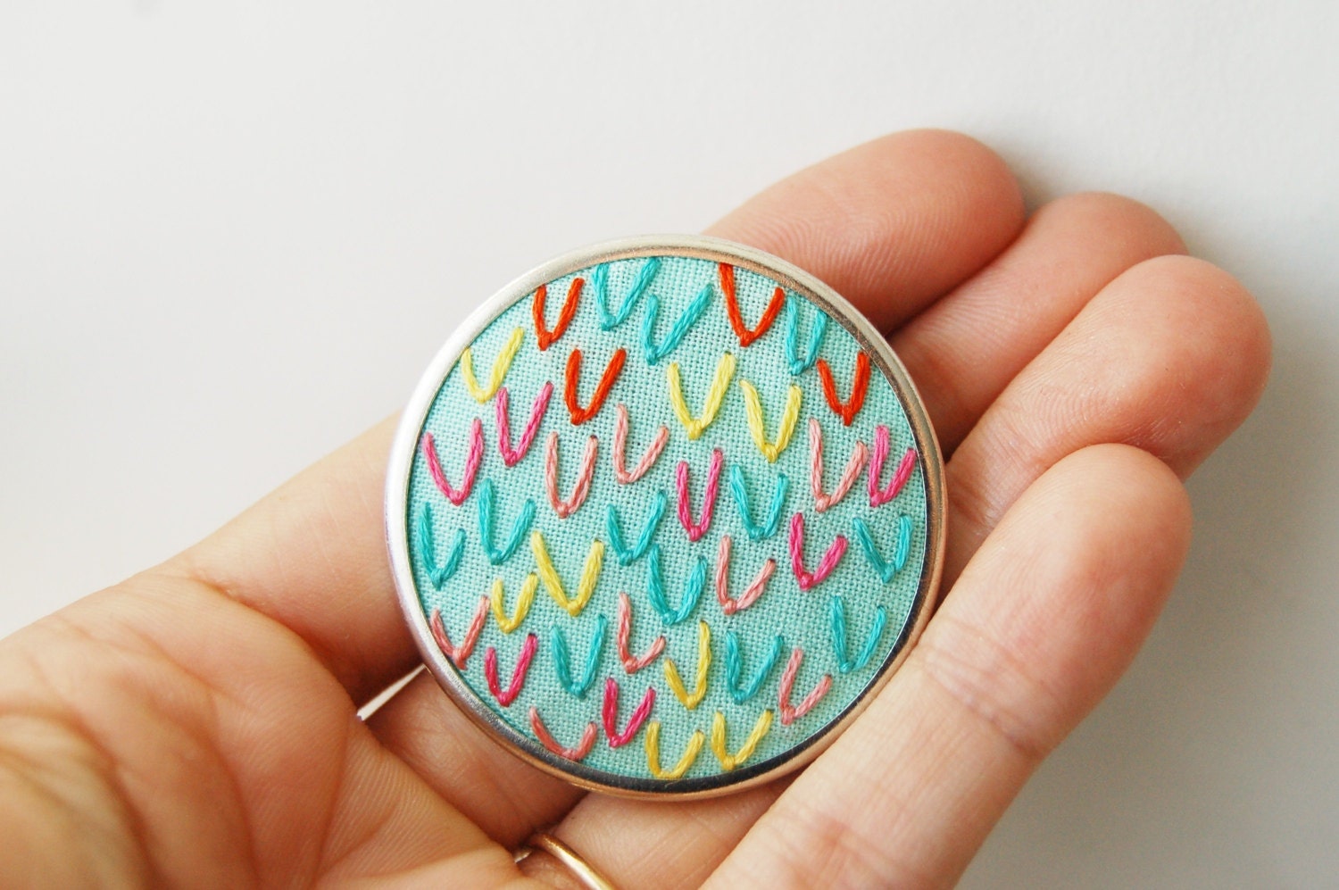 Embroidered Brooch. Circle Setting, Spring Pastels. One of a Kind Pin. Aqua, Pink, Yellow. Stitched By Merriweather Council