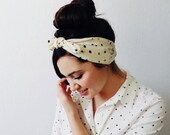 Spotted black and cream hand printed silk headband scarf wrap