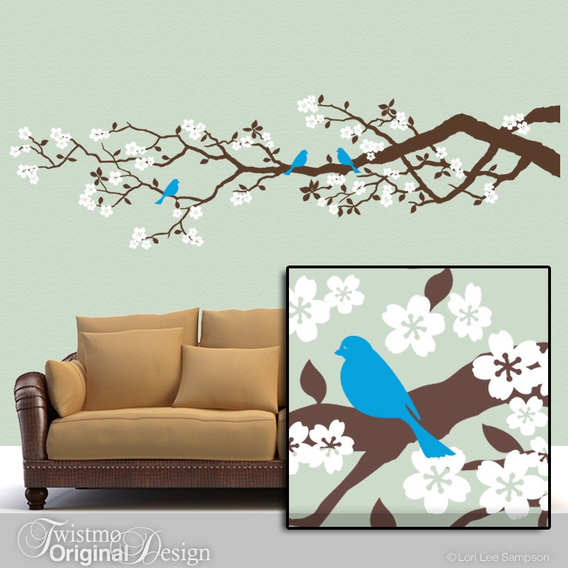 Vinyl Wall Decal: 7 Ft Cherry Tree Branch with Blue Birds and White Flowers