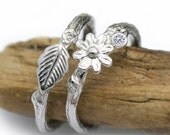 Diamond engagement ring set of flower twig ring  and Leaf wedding ring made of white gold