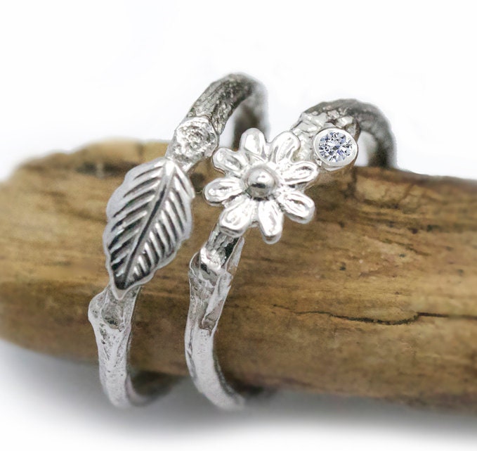 Diamond engagement ring set of flow er twig ring and Leaf wedding ring ...