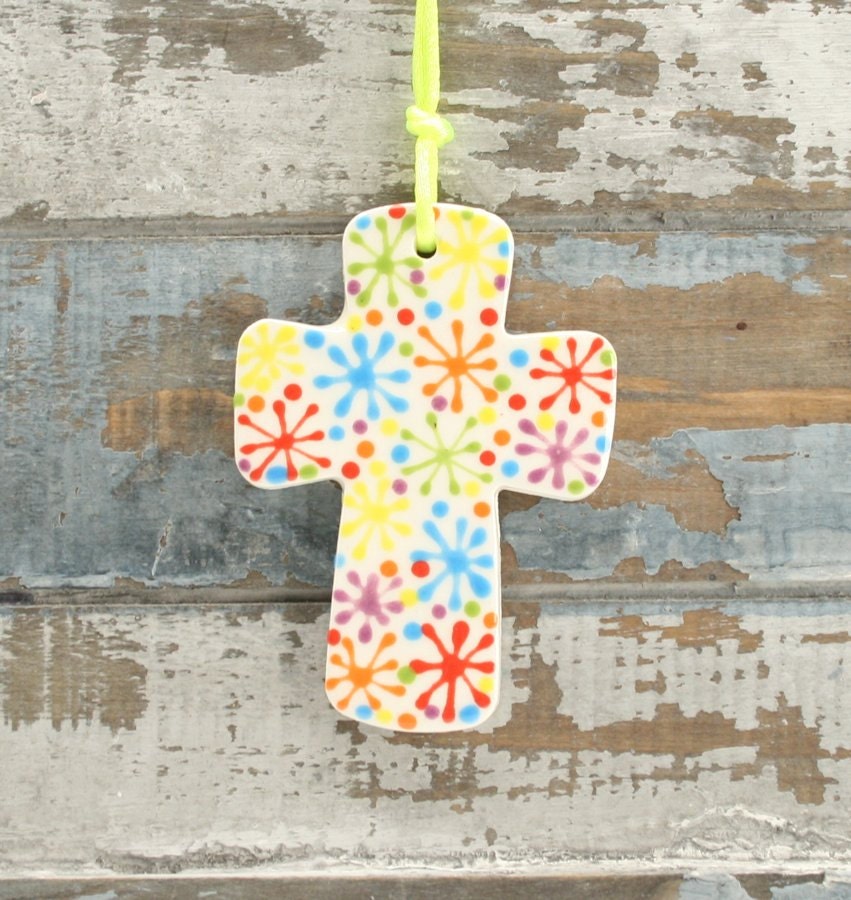 Twinkle Stars Cross Ornament Two Sided Hand Painted