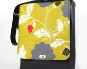 Messenger bag / satchel large - black vinyl - Echino decora bird mustard - sturdy seatbelt strap and metal hardware - made to last