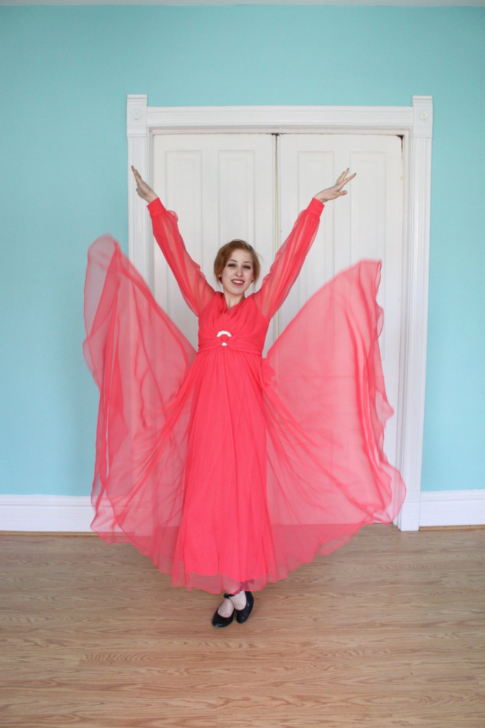 Dress Gown 1970s Vintage 70s  HOT PINK  Sheer Evening Gown M Medium Full Sleeves