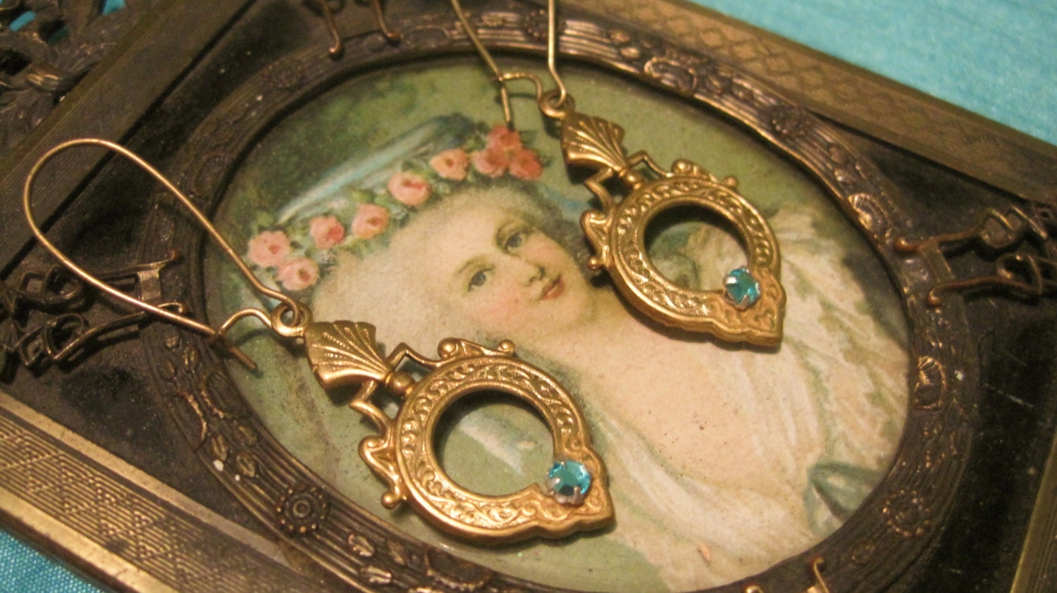 One pair Vintage Wire Earrings Russian Gold Etruscan Brass Stampings with pronged faceted aquamarine rhinestones