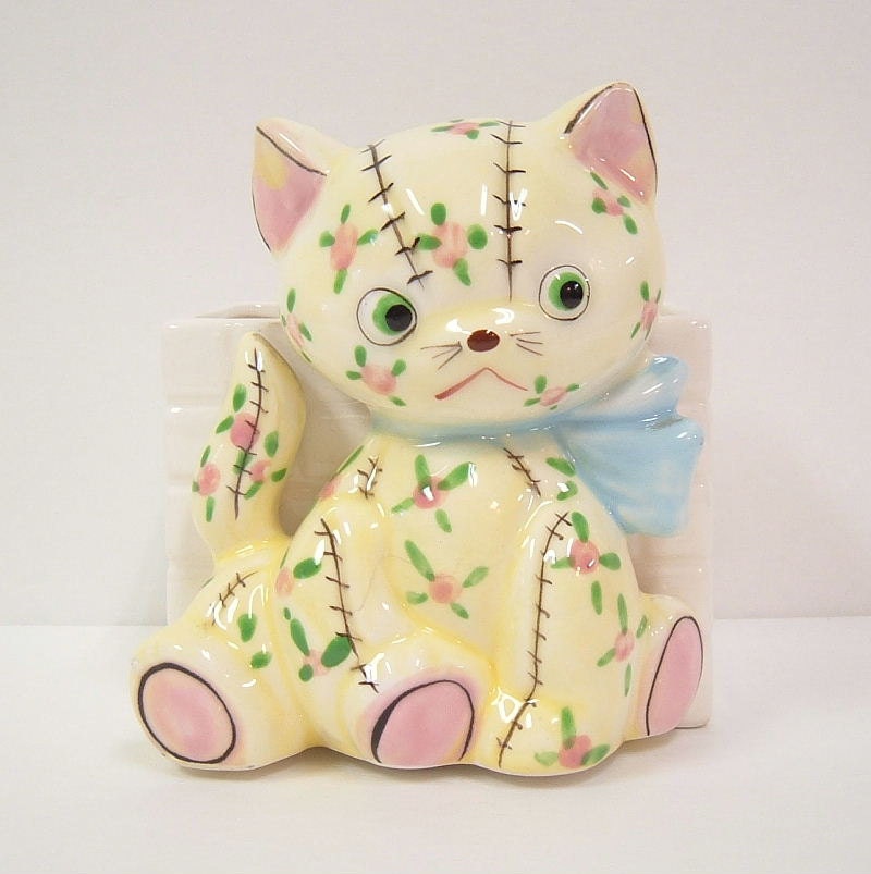 Vintage Calico Cat Planter Pastel Yellow Pink Adorable Ceramic Cat Figurine