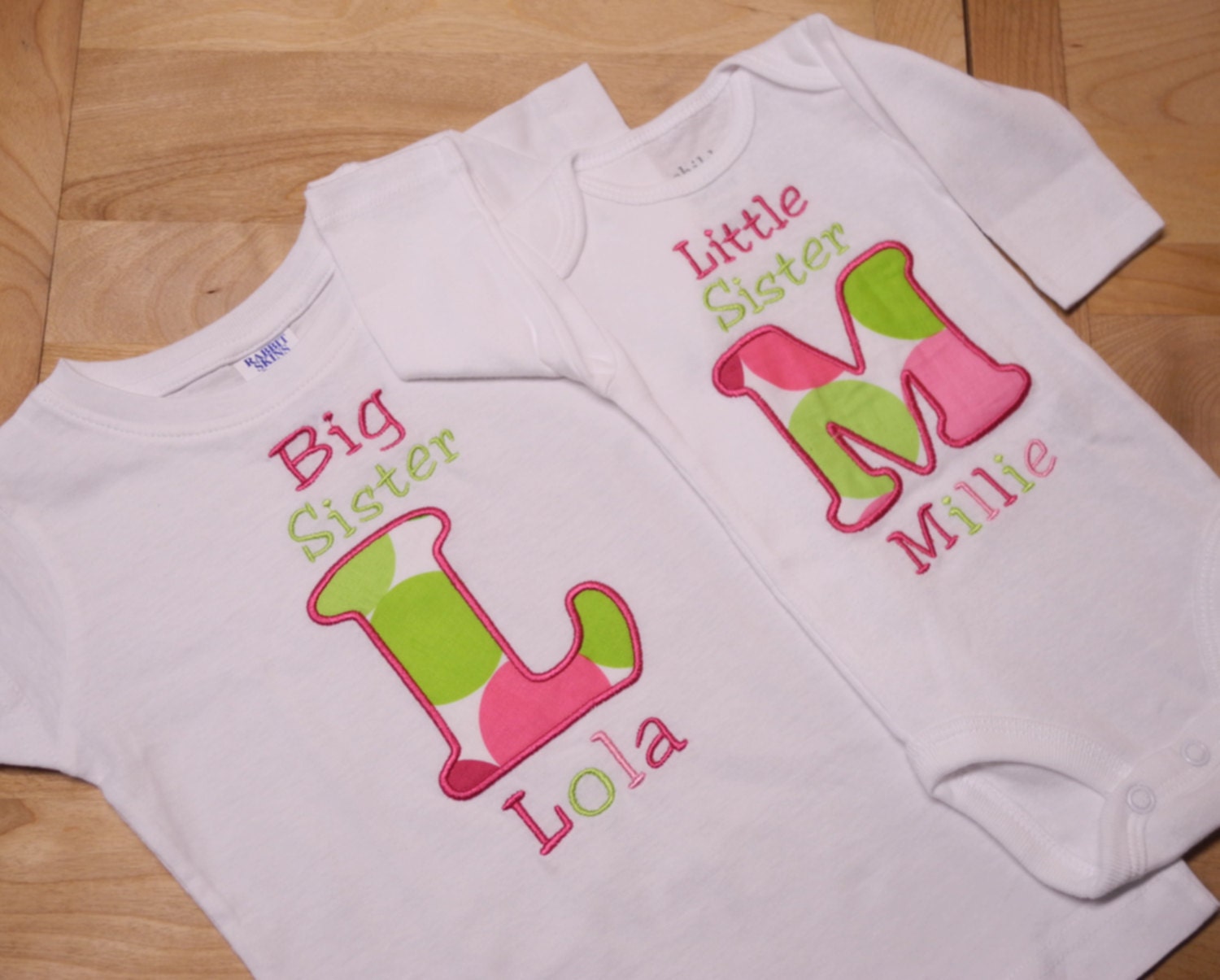 Personalized Hot Pink and Lime Green Polka Dot Big Sister Little Sister Sibling Set