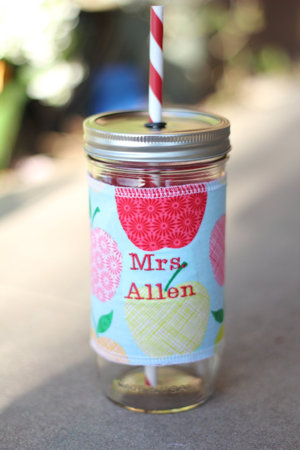 Large 24 oz Mason Jar Tumbler with Custom Embroidered name sleeve in aqua apples - To Go cup travel mug
