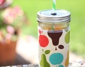 Mason jar glass -  24 oz large to go tumbler U pick fabric sleeve and straw- teachers gift - mothers day- candy swirl straw included