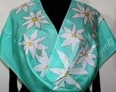 Hand Painted Silk Scarf White Daisies. Silk Scarf in Teal and White. Size 11x60. Made in Colorado. 100% silk. MADE TO ORDER.
