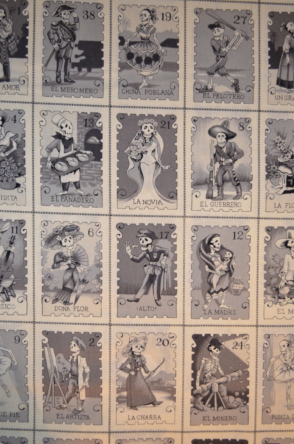 Cartas Marcadas in Black and White Newspaper Day of the Dead Fabric