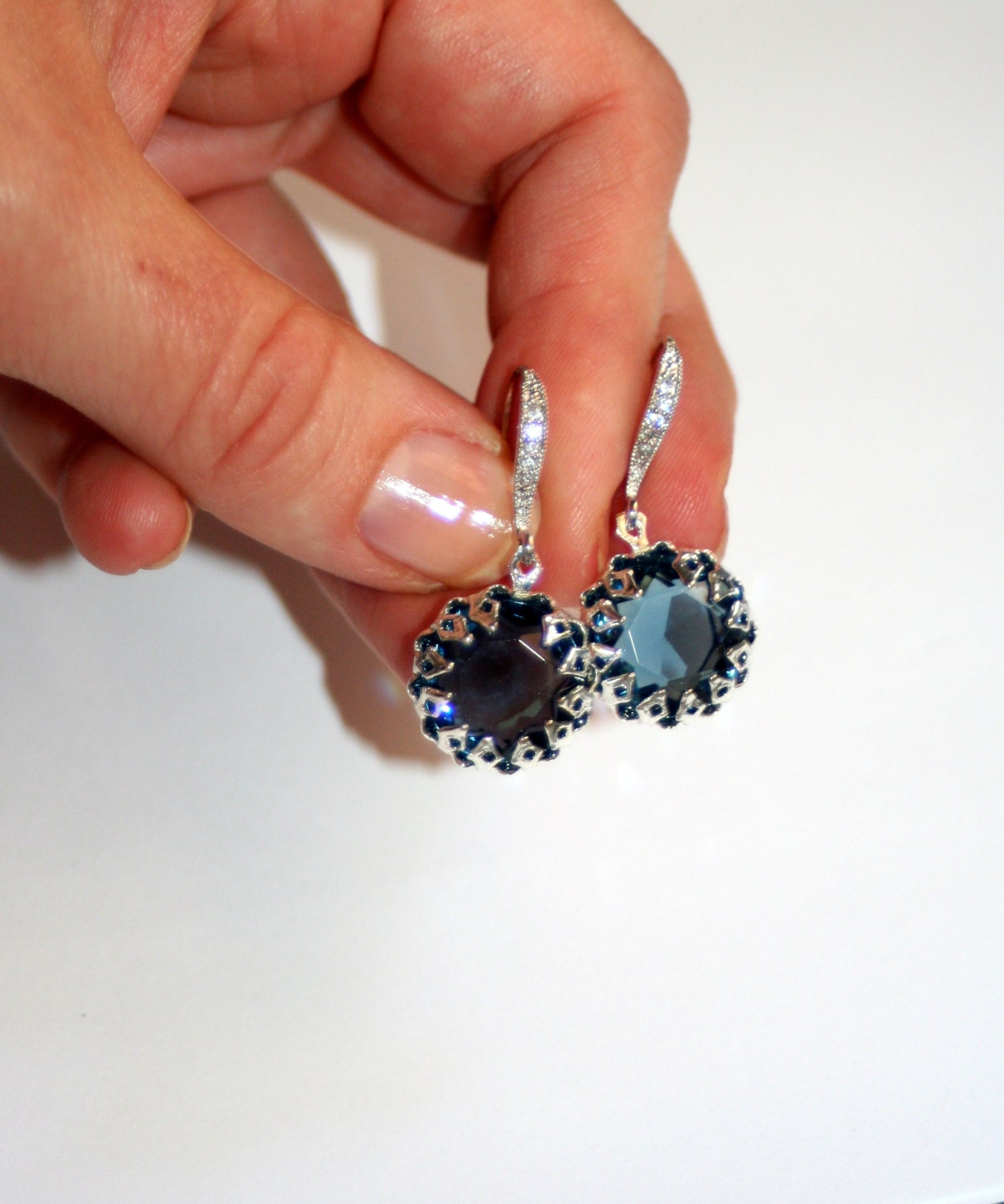 Vintage German cut glass crystal Montana Blue crystal set silver earrings