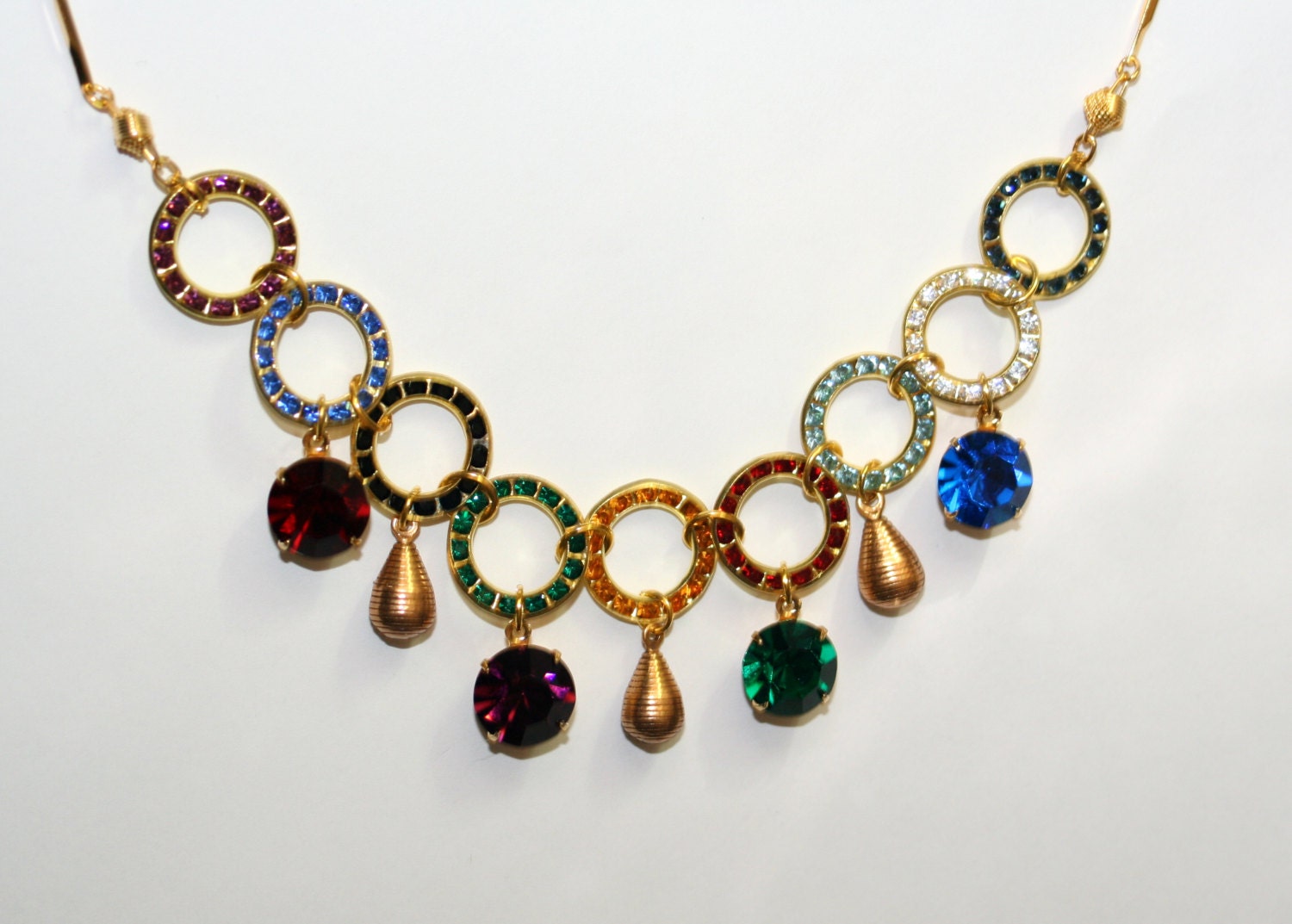Art Deco multi-coloured Swarovski crystal dangle circle gold knot chain necklace