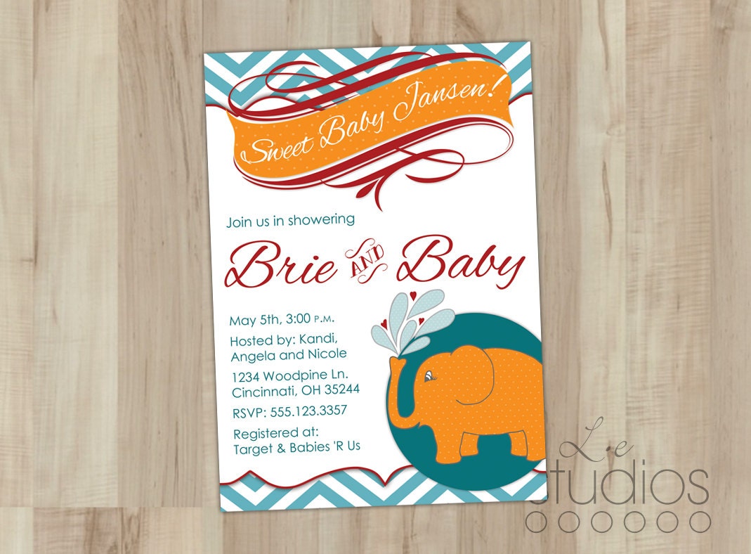 Chevron Baby Shower Invitation // Aqua Elephant Party // Professionally Printed Deposit