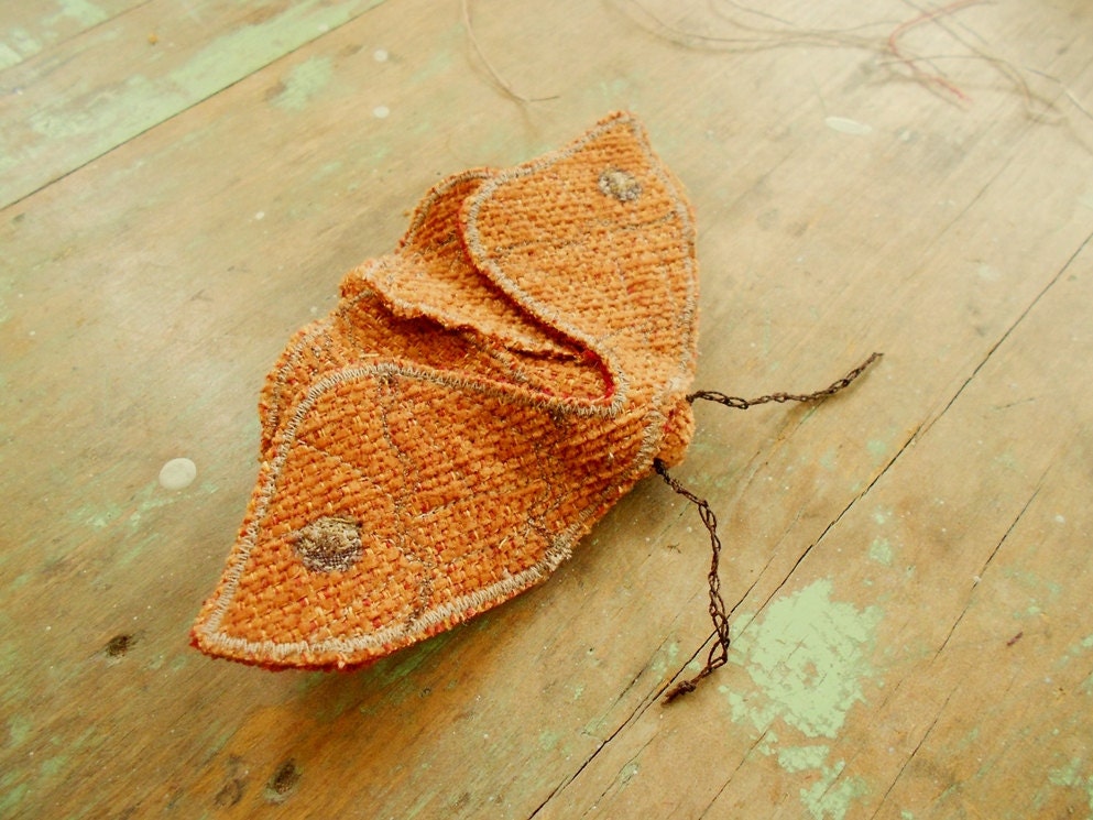 Small fabric moth/ orange brooch pin / upcycled textile art