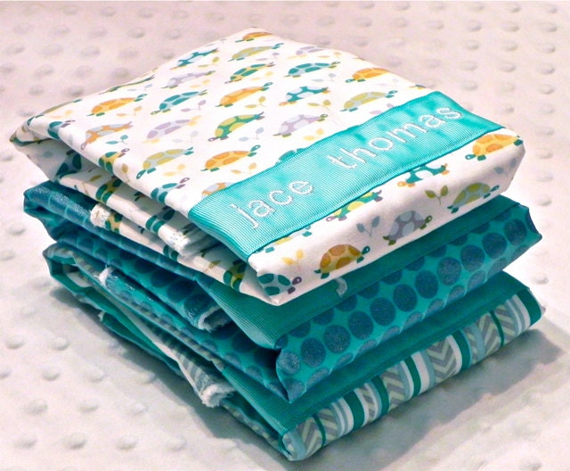Personalized Burp Cloths - Baby Boy Aqua and Teal Turtles Polka Dots and Herringbone Stripe