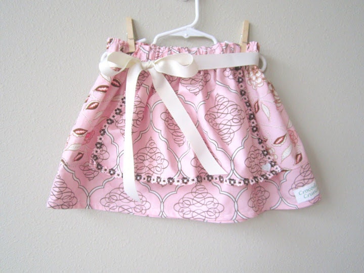Girls Apron Skirt, Pink Scroll