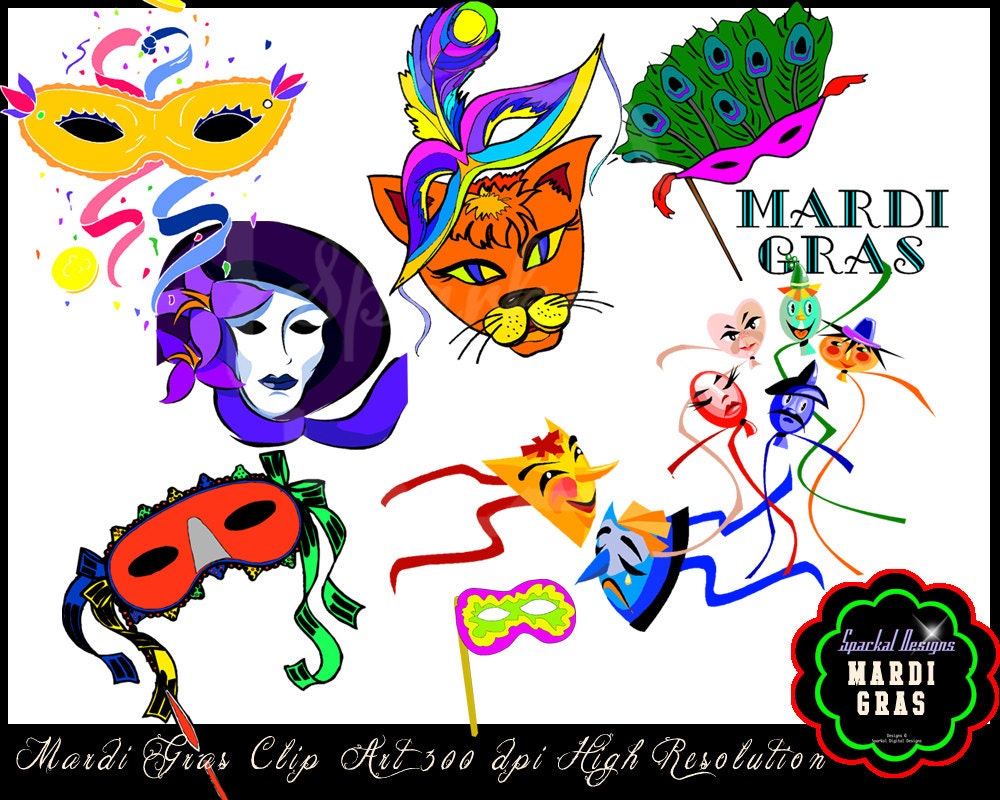 MARDI Gras Clip Art Cinco De Mayo Clipart Mardi Gras party Clip art Invitation Clip Art Digital Scrapbooking Mask Streamers Feather clipart Il_170x135