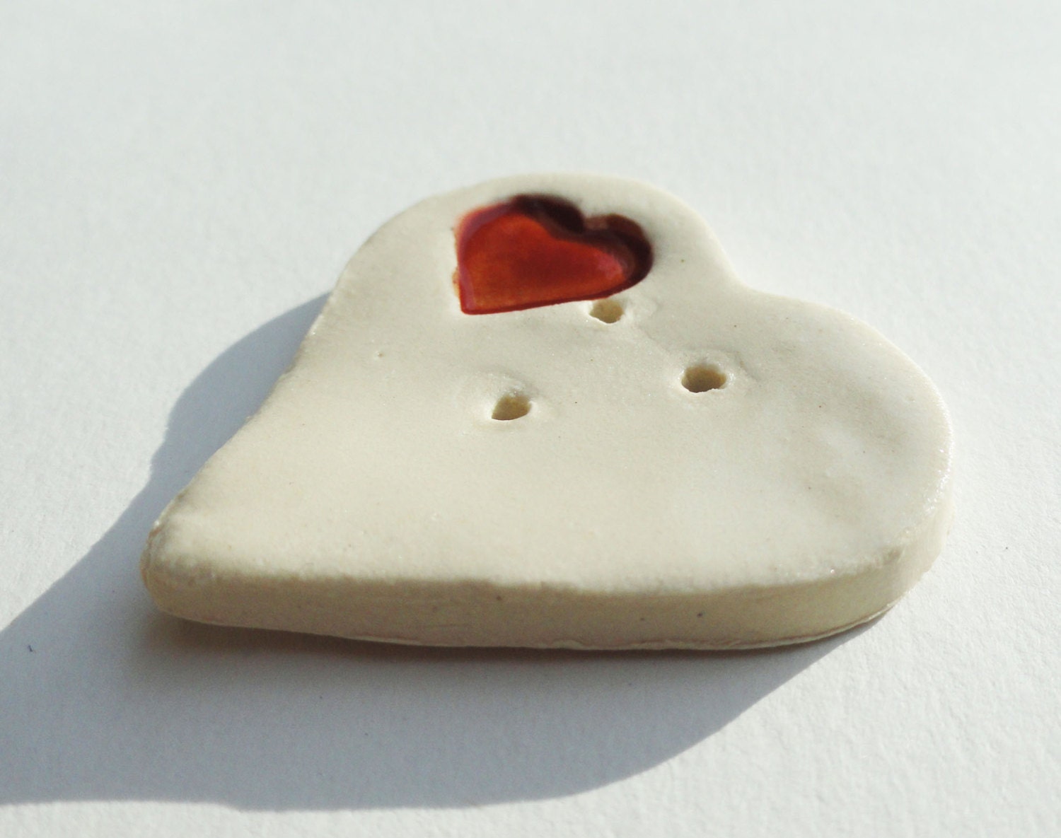 Large Knitting Sewing Button Handmade Ceramic Stoneware Pottery Red White Heart Rustic Modern Minimalist Romantic Couture Valentine's Day